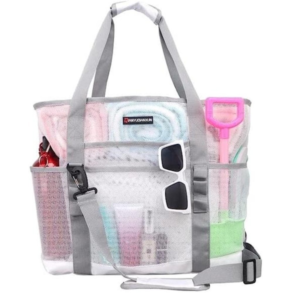 Mesh Beach Bag 40L Large with 9 Pockets Bag White